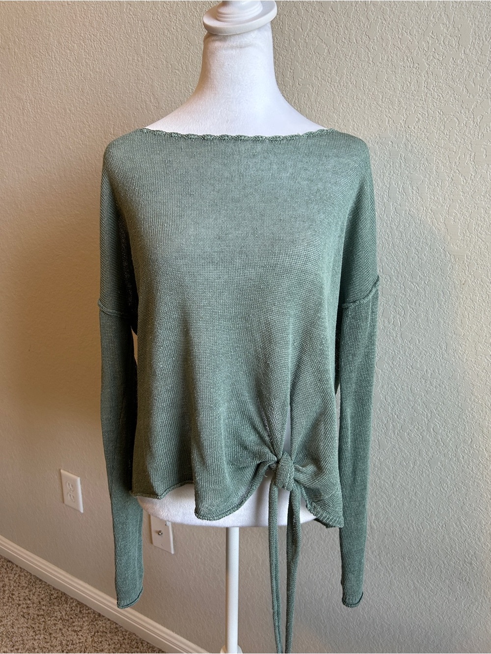 FREE PEOPLE FP Beach Linen Sage Green Sweater with Tie Size Small